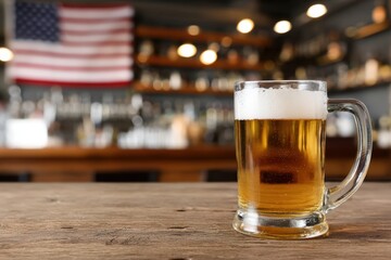 Celebratory american heritage with a mug of beer and flag in bar ambiance