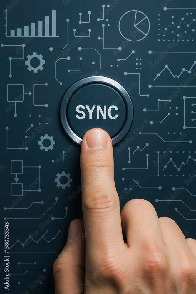 Poster a activating a synchronization button symbolizes digital connection and data in business operations