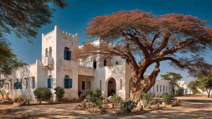 Fototapeta premium Hospital Sahelian architecture white building clinic healthcare Africa modern desert setting showcasing sustainable adobe design, clean facade, cultural heritage and innovative medical facility.