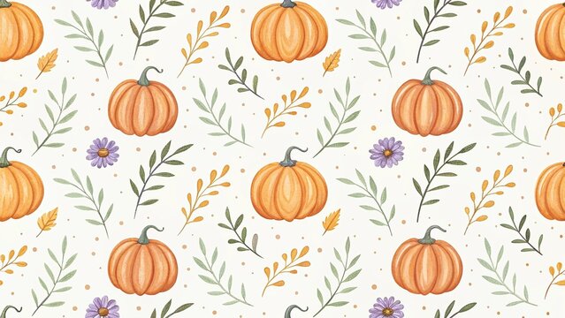 Seamless pattern with pumpkins and flowers. Vector illustration.