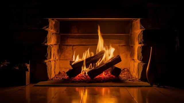 firewood is burning in the fireplace in apartment