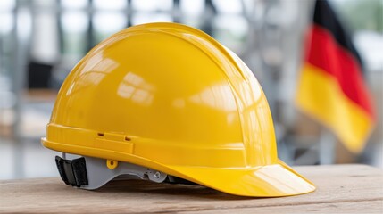 Safety at work: yellow construction helmet on wooden table indoors