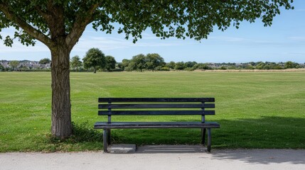 Tranquil park setting with bench under tree on green grass