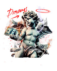 Dreams of Abundance: A cherubic angel adorned with delicate wings, clutches money amid a cascade of banknotes. The Dreams inscription adds a layer of intrigue. 