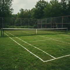 Obraz premium Dilapidated grass tennis court with visible white lines and an old net, surrounded by trees and fencing, conveying abandonment. 