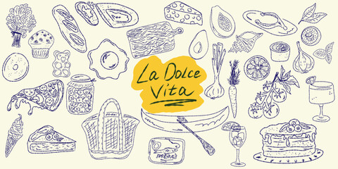 Set of hand drawn summer food icons. Mediterranean la dolce vita. Sketchy whimsical style
