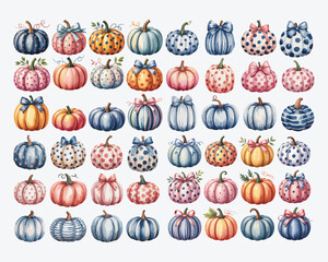 Collection of Hand-painted Pumpkins with Various Colors and Patterns, Featuring Stripes, Polka Dots, and Ribbons, Perfect for Autumn Decorations, Fall Designs, Halloween Art, T-shirt Prints, and Print