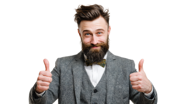 Smiling man in a suit giving thumbs up, isolated on white background