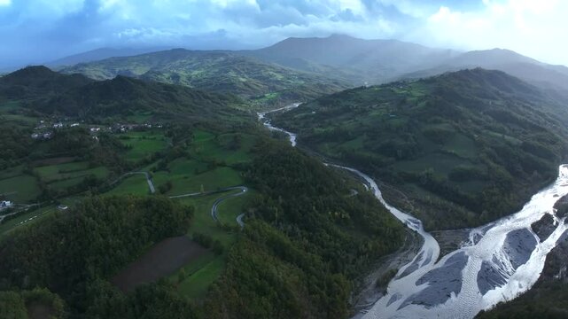 A panoramic aerial view of the Enza River near the village of Vetto d'Enza. Reggio Emilia, Emilia Romagna, Italy