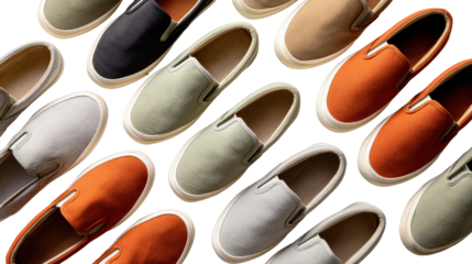 Stylish slip-on shoes in various colors laid out on a flat surface, elegant and modern design.