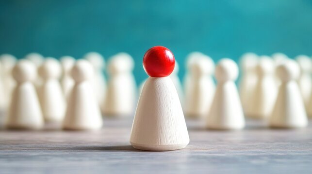 Leadership Concept with Wooden Figurine Representing Unique Individual Standing Out in a Group, Symbolizing Distinction and Authority in a Crowd