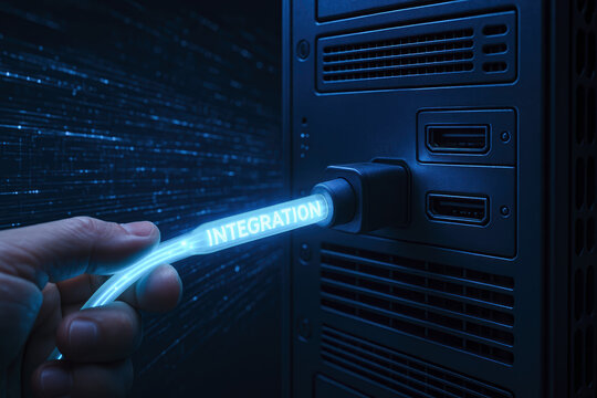 The glowing cable connecting to the server symbolizes integration and efficient data exchange powering modern business solutions