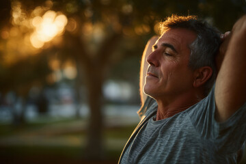 A serene mature man relaxing with eyes closed in a park at sunset