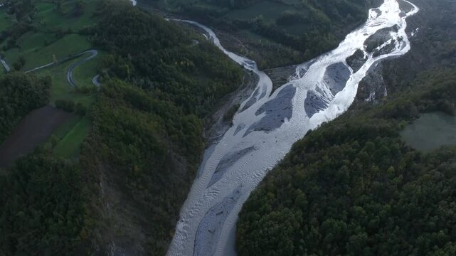 A panoramic aerial view of the Enza River near the village of Vetto d'Enza. Reggio Emilia, Emilia Romagna, Italy