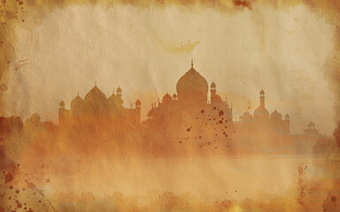 Painted illustration of the Indian Taj Mahal monument silhouette