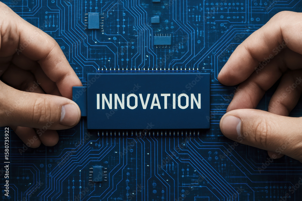 Poster the concept progress and creativity is embodied by hands positioning a digital component on a comple