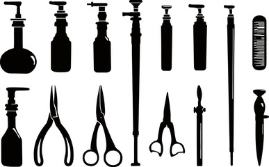 Fototapeta premium Eleven distinct black silhouettes of vintage tools and bottles are arranged against a white background in a clean, minimal composition.