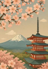 Fototapeta premium Serene Japanese landscape with pagoda.