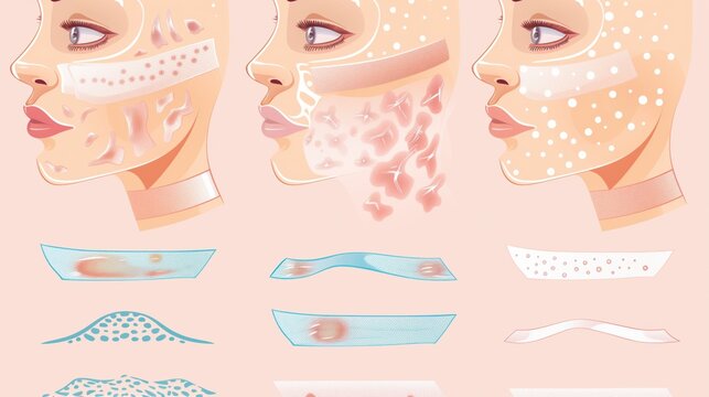 Professional dermatology reference illustration showing different types of scars and silicone tape applications, medical textbook diagram style, clinical classification chart