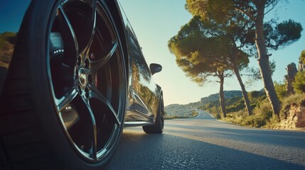 Sleek sportscar wheel parked along a scenic asphalt highway under a clear sky