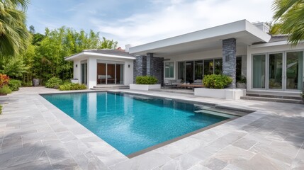 Modern home with pool featuring sleek design and white exterior