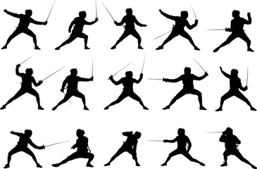 Obraz premium Fencers strike diverse poses in black silhouette against a white backdrop, perfect for graphics about fencing sports and martial arts.