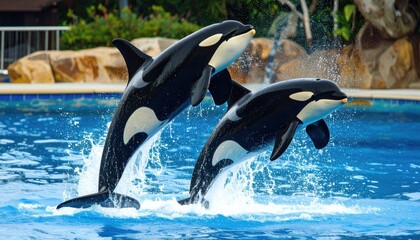 Fototapeta premium Spectacular display: Majestic orcas breach the surface in synchronized joy