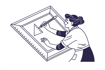 A skilled architect meticulously drafts a precise geometric design using a pencil and triangle ruler on a large drawing board