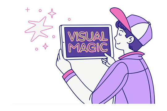 A charismatic magician with stylish blue glasses and a beard presents a tablet displaying vusal magic with a vibrant purple background and sparkling stars