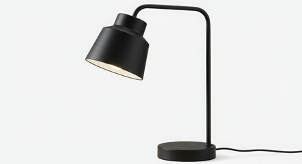 Modern Black Desk Lamp with Curved Arm and Conical Shade on White Background