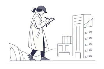 A woman in a trench coat and hat walks while taking notes on a clipboard in an urban setting with buildings