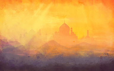 Mystical Sunrise at Taj Mahal: Silhouettes Against the Golden Horizon
