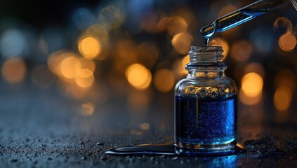 Blue liquid drips from dropper into small bottle