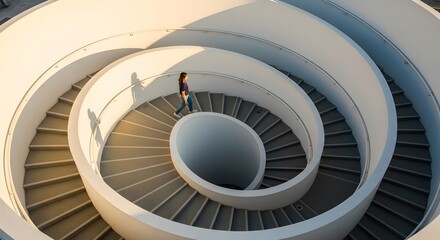 A person walks down a modern, spiraling, white concrete staircase, bathed in sunlight.