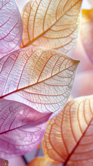 Close-up of translucent leaves in soft pastel colors, showcasing intricate vein patterns.