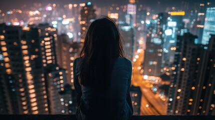 Woman gazing at night city from above