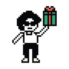Cute pixel cartoon 8bit character man give gift box birthday christmas bonus reward surprise decoration 8 bit male boy give gift box shopping bonus christmas day game 8 bit png vector.