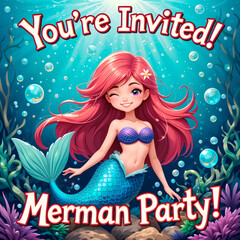 Mermaid With Red Hair And Seashell Top Winks Playfully. Text Reads You're Invited Merman Party