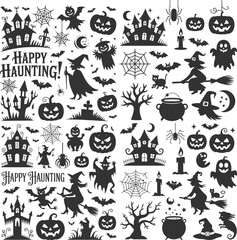 Obraz premium Happy Haunting Halloween Bundle Featuring Pumpkins, Witches, Haunted Houses, Ghosts, Bats, Spiders, Candles, and Halloween Fun, Perfect for Halloween Decorations, Party Invitations, Stickers, T-shirt 