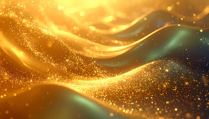 A shimmering golden wave pattern with sparkling particles, evoking a sense of depth.