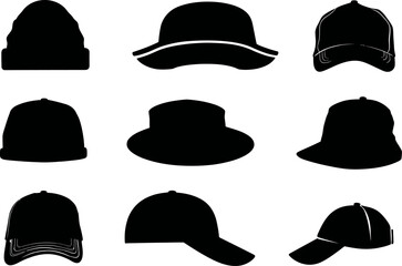 Assorted hat silhouettes showcase diverse headwear styles, perfect for fashion design inspiration or graphic elements in creative projects.