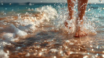 Female feet splashing in ocean water at tropical beach