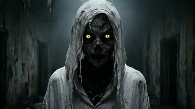 Terrifying Female Zombie Ghost in Dark Haunted Hallway