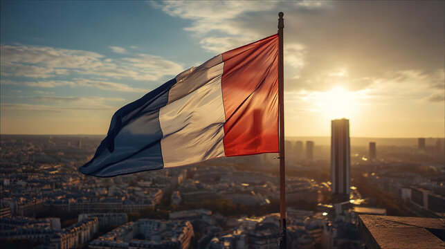 French flag waving in paris at sunset cityscape travel destination tourism
