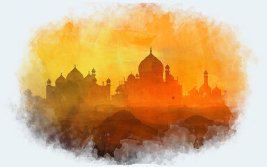 Painted illustration of the Indian Taj Mahal monument silhouette