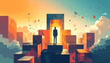 A lone figure stands atop geometric blocks, facing a glowing doorway amid a surreal, colorful sky.
