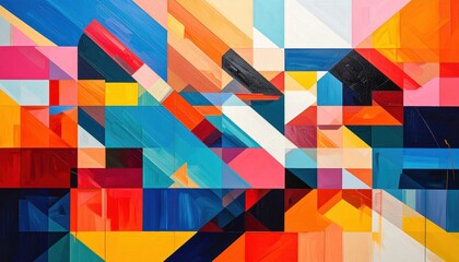 Vibrant abstract geometric artwork featuring colorful overlapping shapes and bold lines.
