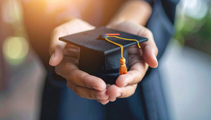 Hands holding a graduation cap with a tassel, symbolizing achievement, success, and the celebration of educational milestones.