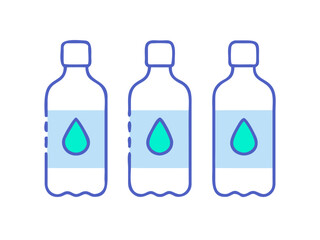 Fototapeta premium Two stylized plastic water bottles, one light and one dark, perfect for beverage design concepts. Simple, flat vector illustration of two plastic water bottles, one light gray/white with dark stripes,