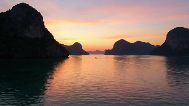 A sunset view over a calm body of water with mountains and the prow of a boat visible
